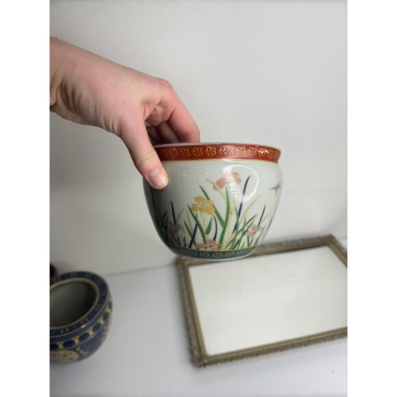 New England Pottery Ming Dynasty Fish Bowl Planter Vase, Floral Hand Painted - Picture 5 of 9